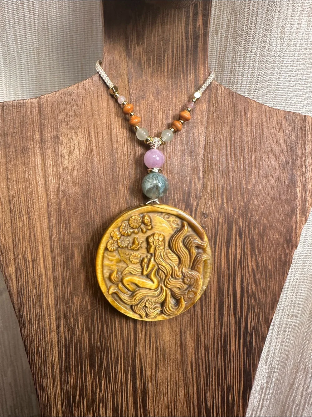 Tiger’s Eye Fairy Pendant with Kunzite and Moss Agate on Adjustable Beaded Rope